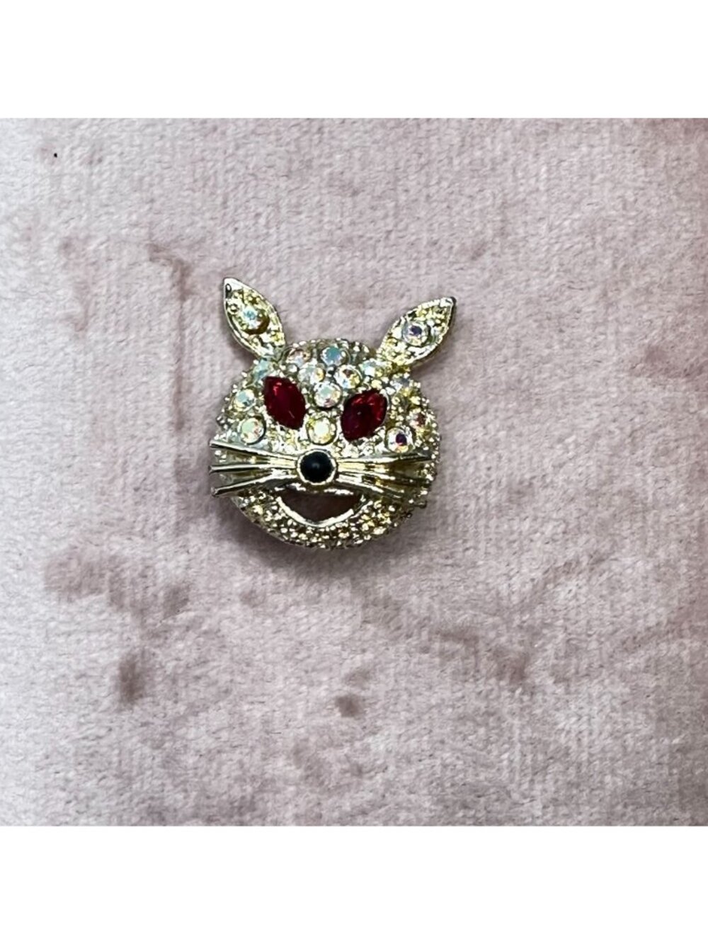 Vintage Aurora Borealis Crystal Rabbit Brooch Pin Red Rhinestone Eyes Gold-Tone - Picture 16 of 16